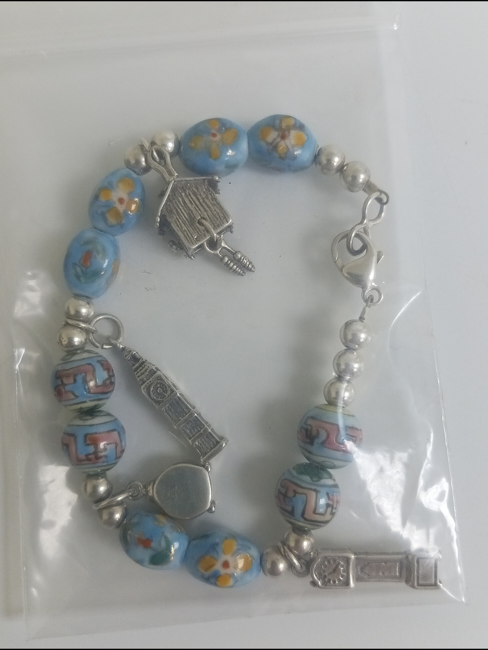 Vintage Italian Murano Style Charm Bracelet w/ Sterling Architectural Charms